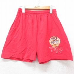 【50%OFF】W32★古着 イージー ショート パンツ ショーツ メンズ 90年代 90s ルーニーテューンズ LOONEY TUNES タズ コットン USA製 赤 レッド 25aug28 中古 ボトムス 短パン ショーパン ハーフ