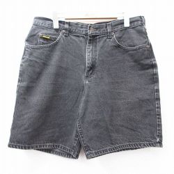 W36★古着 リー Lee ショート パンツ ショーツ メンズ ヒゲ コットン 黒 ブラック デニム 25sep02 中古 ボトムス 短パン ショーパン ハーフ