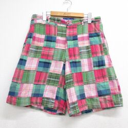 W34★古着 ショート パンツ ショーツ メンズ パッチワーク コットン ピンク チェック【spe】 26may21