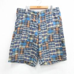 W38 ショートパンツ パッチワーク ブルーチェック | 古着