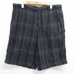 W37★古着 トミーバハマ ショート パンツ ショーツ メンズ リネン シルク ネイビー チェック 26jun16