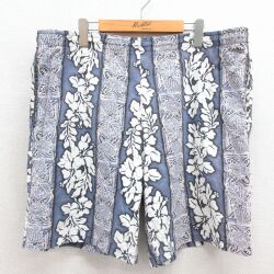 W38★古着 ショート ハワイアン パンツ ショーツ メンズ 90年代 90s ハイビスカス ハワイ製 ネイビー【spe】 26jun24