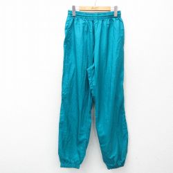 W33★古着 ナイロン パンツ メンズ 無地 青緑 25mar12 中古 ボトムス ロング