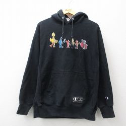 M★古着 長袖 チャンピオン Champion リバースウィーブ パーカー メンズ セサミストリート エルモ クッキーモンスター 黒 ブラック 【spe】 24dec17 中古 スウェット スエット トレーナー トップス