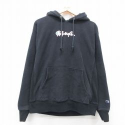 【50%OFF】L★古着 長袖 チャンピオン Champion リバースウィーブ パーカー メンズ ビッグロゴ 黒 ブラック 25feb12 中古 スウェット スエット トレーナー トップス