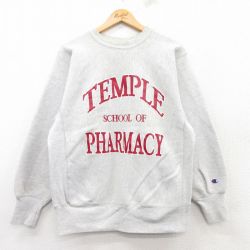 M★古着 長袖 チャンピオン Champion リバースウィーブ メンズ 90年代 90s TEMPLE クルーネック USA製 薄グレー 霜降り 25feb15 中古 スウェット スエット トレーナー トップス