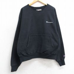 XL★古着 長袖 チャンピオン Champion リバースウィーブ メンズ 00年代 00s ワンポイントロゴ 大きいサイズ クルーネック 黒 ブラック 25feb17 中古 スウェット スエット トレーナー トップス