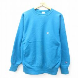 L★古着 長袖 チャンピオン Champion リバースウィーブ メンズ 90年代 90s ワンポイントロゴ クルーネック USA製 水色 25feb18 中古 スウェット スエット トレーナー トップス
