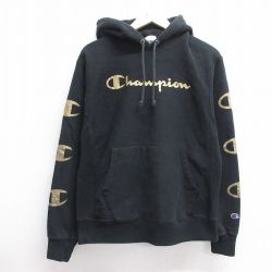 【50%OFF】M★古着 長袖 チャンピオン Champion リバースウィーブ パーカー メンズ ビッグロゴ 黒 ブラック 25feb28 中古 スウェット スエット トレーナー トップス