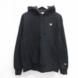 L★古着 長袖 チャンピオン Champion リバースウィーブ パーカー メンズ ワンポイントロゴ 黒 ブラック 25feb28 中古 スウェット スエット トレーナー トップス