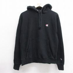 M★古着 長袖 チャンピオン Champion リバースウィーブ パーカー メンズ ワンポイントロゴ 黒 ブラック 25feb28 中古 スウェット スエット トレーナー トップス