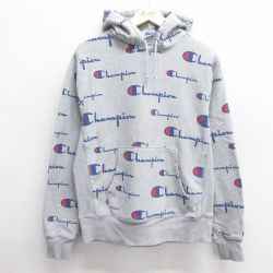 L★古着 長袖 チャンピオン Champion リバースウィーブ パーカー メンズ ビッグロゴ 総柄 グレー他 霜降り 25feb28 中古 スウェット スエット トレーナー トップス
