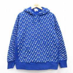 XL★古着 長袖 チャンピオン Champion リバースウィーブ パーカー メンズ ワンポイントロゴ 総柄 大きいサイズ 青他 ブルー 25mar07 中古 スウェット スエット トレーナー トップス