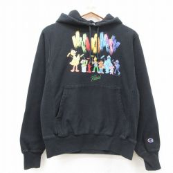 M★古着 長袖 チャンピオン Champion リバースウィーブ パーカー メンズ セサミストリート エルモ クッキーモンスター 黒 ブラック 【spe】 25mar22 中古 スウェット スエット トレーナー トップス