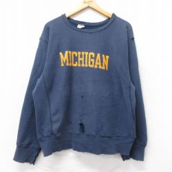 XL★古着 長袖 チャンピオン Champion リバースウィーブ メンズ 80年代 80s ミシガン ボロ クルーネック 紺 ネイビー 【spe】 25mar27 中古 スウェット スエット トレーナー トップス