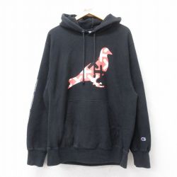 【20%OFF】L★古着 長袖 チャンピオン Champion リバースウィーブ メンズ COLLABOR AID 黒 ブラック 25mar27 中古 スウェット スエット トレーナー トップス