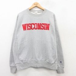 XL★古着 長袖 チャンピオン Champion リバースウィーブ メンズ WISCONSIN 大きいサイズ クルーネック グレー 霜降り 25apr09 中古 スウェット スエット トレーナー トップス