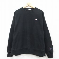 XL★古着 長袖 チャンピオン Champion リバースウィーブ メンズ ワンポイントロゴ 大きいサイズ クルーネック 黒 ブラック 25apr09 中古 スウェット スエット トレーナー トップス