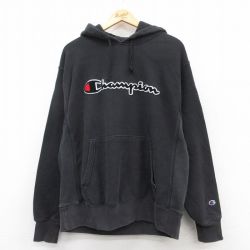 【50%OFF】XL★古着 長袖 チャンピオン Champion リバースウィーブ パーカー メンズ ビッグロゴ 黒 ブラック 25apr10 中古 スウェット スエット トレーナー トップス