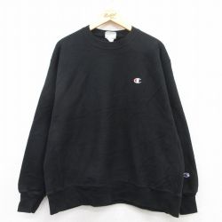 XL★古着 長袖 チャンピオン Champion リバースウィーブ メンズ ビッグロゴ 大きいサイズ クルーネック 黒 ブラック 25apr10 中古 スウェット スエット トレーナー トップス