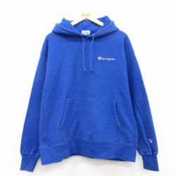 XL★古着 長袖 チャンピオン Champion リバースウィーブ パーカー メンズ ワンポイントロゴ 大きいサイズ 青 ブルー 25apr10 中古 スウェット スエット トレーナー トップス