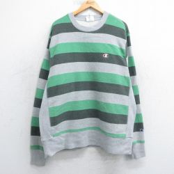 XL★古着 長袖 チャンピオン Champion リバースウィーブ メンズ ワンポイントロゴ 大きいサイズ クルーネック グレー 霜降り他 ボーダー 【spe】 25apr12 中古 スウェット スエット トレーナー トップス