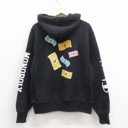 L★古着 長袖 チャンピオン Champion リバースウィーブ パーカー メンズ ハズブロ モノポリー 黒 ブラック 【spe】 25sep05 中古 スウェット スエット トレーナー トップス