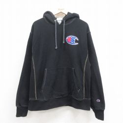 XL★古着 長袖 チャンピオン Champion リバースウィーブ パーカー メンズ ワンポイントロゴ 黒 ブラック 25sep05 中古 スウェット スエット トレーナー トップス