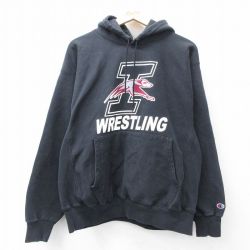 L★古着 長袖 チャンピオン Champion リバースウィーブ パーカー メンズ 00年代 00s WRESTLING 黒 ブラック 25oct02 中古 スウェット スエット トレーナー トップス