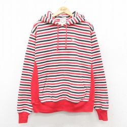 XL★古着 長袖 チャンピオン Champion リバースウィーブ パーカー メンズ ワンポイントロゴ 赤他 レッド ボーダー 25oct03 中古 スウェット スエット トレーナー トップス