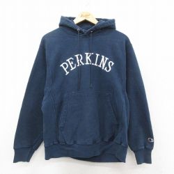 L★古着 長袖 チャンピオン Champion リバースウィーブ パーカー メンズ 00年代 00s PERKINS 刺繍 紺 ネイビー 25oct03 中古 スウェット スエット トレーナー トップス