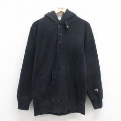 M★古着 長袖 チャンピオン Champion リバースウィーブ ハーフスナップ パーカー メンズ 無地 黒 ブラック 25oct15 中古 スウェット スエット トレーナー トップス
