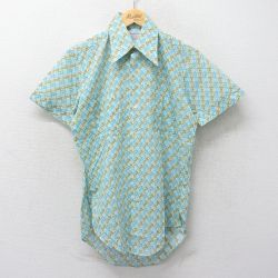 【50%OFF】M★古着 半袖 シャツ メンズ 70年代 70s 総柄 薄紺他 ネイビー 24jun29 中古 トップス