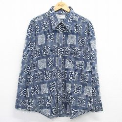 XL★古着 バンヒューセン 長袖 シャツ メンズ 70年代 70s 総柄 大きいサイズ 濃紺他 ネイビー チェック 【spe】 25jun28 中古 トップス