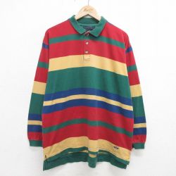 XL★古着 ドッカーズ 長袖 ブランド ポロ シャツ メンズ 90年代 90s ワンポイントロゴ マルチカラー コットン 緑他 グリーン ボーダー 【spe】 24apr04 中古 トップス
