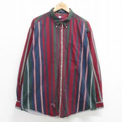 XL★古着 トミーヒルフィガー TOMMY HILFIGER 長袖 ブランド シャツ メンズ 90年代 90s ワンポイントロゴ 大きいサイズ ロング丈 コットン ボタンダウン 赤 レッド ストライプ 24aug26 中古 トップス