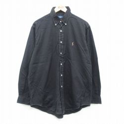 【30%OFF】XL★古着 ラルフローレン Ralph Lauren 長袖 ブランド シャツ メンズ 90年代 90s ワンポイントロゴ YARMOUTH オックスフォード ロング丈 コットン ボタンダウン 黒 ブラック 24sep04 中古 トップス