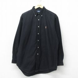 XL★古着 ラルフローレン Ralph Lauren 長袖 ブランド シャツ メンズ 90年代 90s ワンポイントロゴ YARMOUTH 大きいサイズ コットン ボタンダウン 黒 ブラック 24sep25 中古 トップス
