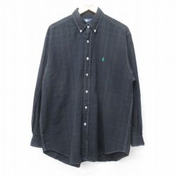 XL★古着 ラルフローレン Ralph Lauren 長袖 ブランド シャツ メンズ 90年代 90s ワンポイントロゴ BLAIRE 大きいサイズ コットン ボタンダウン 黒 ブラック チェック 24sep27 中古 トップス