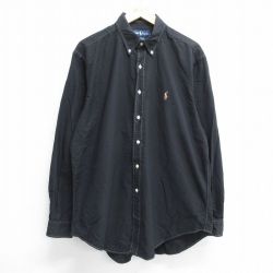 【30%OFF】XL★古着 ラルフローレン Ralph Lauren 長袖 ブランド シャツ メンズ 90年代 90s ワンポイントロゴ YARMOUTH オックスフォード ロング丈 コットン ボタンダウン 黒 ブラック 24sep28 中古 トップス