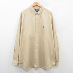 【50%OFF】XL★古着 ラルフローレン Ralph Lauren 長袖 ブランド シャツ メンズ 90年代 90s ワンポイントロゴ BLAKE 大きいサイズ ロング丈 シルク ボタンダウン ベージュ カーキ 【spe】 24oct02 中古 トップス