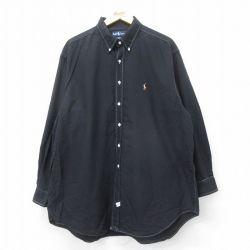 XL★古着 ラルフローレン Ralph Lauren 長袖 ブランド シャツ メンズ 90年代 90s ワンポイントロゴ YARMOUTH 大きいサイズ ロング丈 コットン ボタンダウン 黒 ブラック 24oct03 中古 トップス