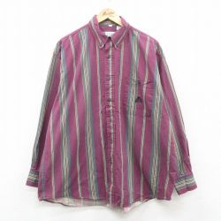 XL★古着 IZOD 長袖 ブランド シャツ メンズ 90年代 90s ワンポイントロゴ 大きいサイズ コットン ボタンダウン エンジ他 ストライプ 24oct07 中古 トップス