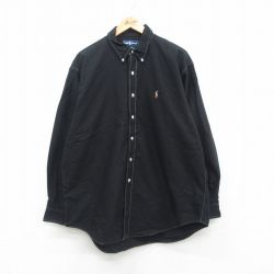 XL★古着 ラルフローレン Ralph Lauren 長袖 ブランド シャツ メンズ 90年代 90s ワンポイントロゴ BLAKE オックスフォード 大きいサイズ ロング丈 コットン ボタンダウン 黒 ブラック 24oct18 中古 トップス