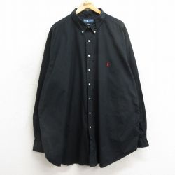 XL★古着 ラルフローレン Ralph Lauren 長袖 ブランド シャツ メンズ 90年代 90s ワンポイントロゴ 大きいサイズ ロング丈 コットン ボタンダウン 黒 ブラック 24nov01 中古 トップス