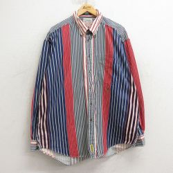XL★古着 トミーヒルフィガー TOMMY HILFIGER 長袖 ブランド シャツ メンズ 90年代 90s ワンポイントロゴ 大きいサイズ ロング丈 コットン ボタンダウン 紺 ネイビー ストライプ 24nov01 中古 トップス