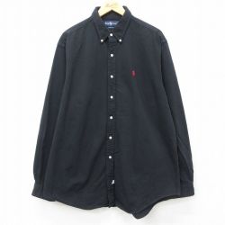 XL★古着 ラルフローレン Ralph Lauren 長袖 ブランド シャツ メンズ 90年代 90s ワンポイントロゴ 大きいサイズ ロング丈 コットン ボタンダウン 黒 ブラック 24nov06 中古 トップス