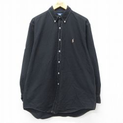 XL★古着 ラルフローレン Ralph Lauren 長袖 ブランド シャツ メンズ 90年代 90s ワンポイントロゴ YARMOUTH オックスフォード ロング丈 コットン ボタンダウン 黒 ブラック 24nov06 中古 トップス