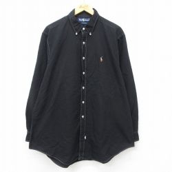 XL★古着 ラルフローレン Ralph Lauren 長袖 ブランド シャツ メンズ 90年代 90s ワンポイントロゴ オックスフォード 大きいサイズ ロング丈 コットン ボタンダウン 黒 ブラック 24nov06 中古 トップス