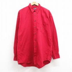 XL★古着 ラルフローレン Ralph Lauren チャップス 長袖 ブランド シャツ メンズ 90年代 90s ワンポイントロゴ ヘリンボーン 大きいサイズ ロング丈 コットン ボタンダウン 赤 レッド 24nov22 中古 トップス